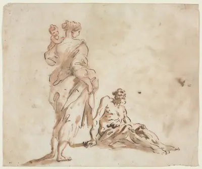 A Standing Woman Holding a Child, a Seated Male at her Feet