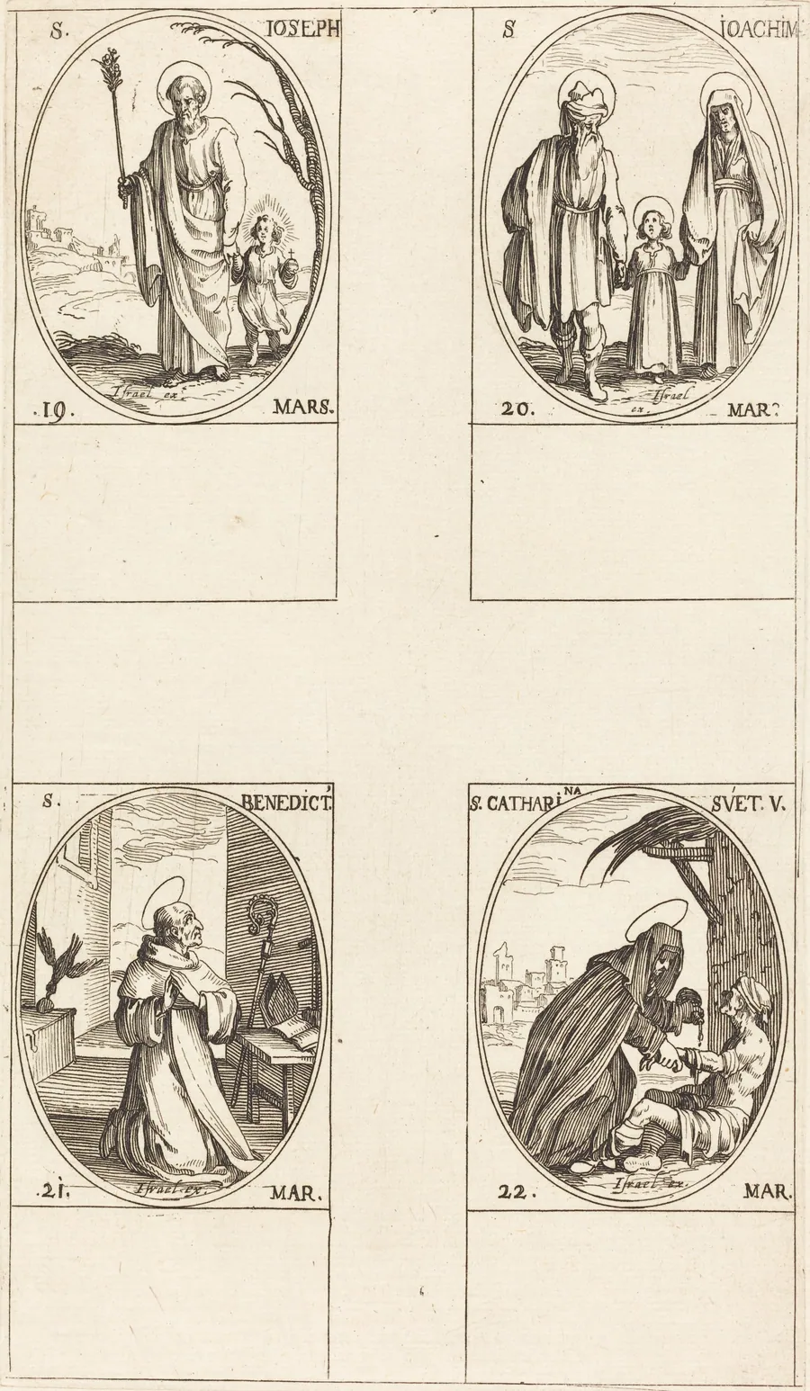 St. Joseph; St. Joachim;  St. Benedict, Abbot; St. Catharine of Sweden by Jacques Callot
