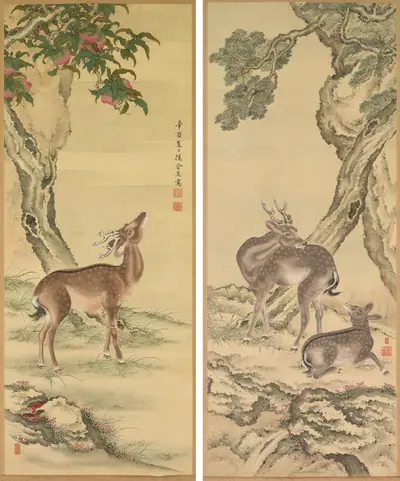 Symbols of Longevity: Deer under Peach and Pine
