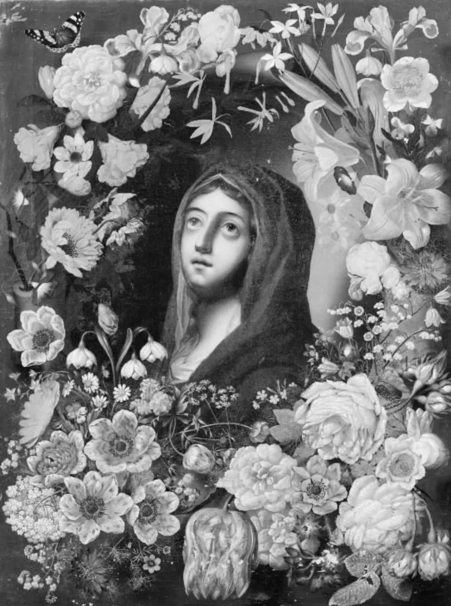 Jomfru Maria med et blåt slør, ses i en blomsterkrans by Ubekendt