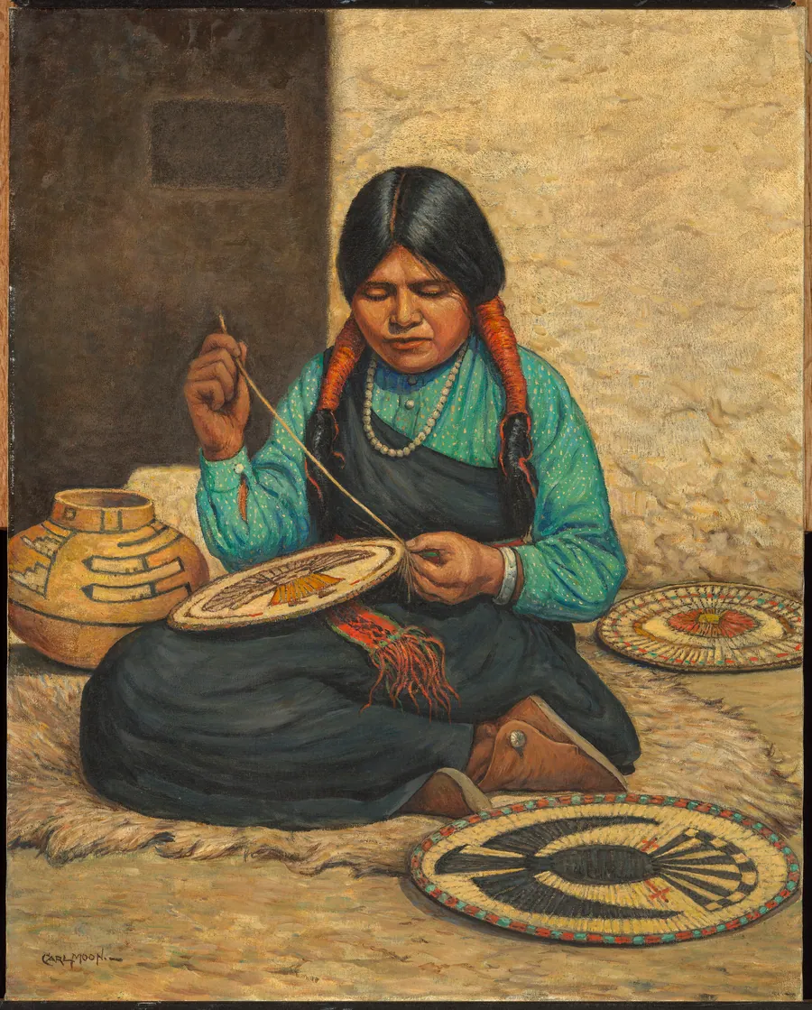 Hopi Woman Weaving Plaques by Carl Moon, born Wilmington, OH 1879-died San Francisco, CA 1948