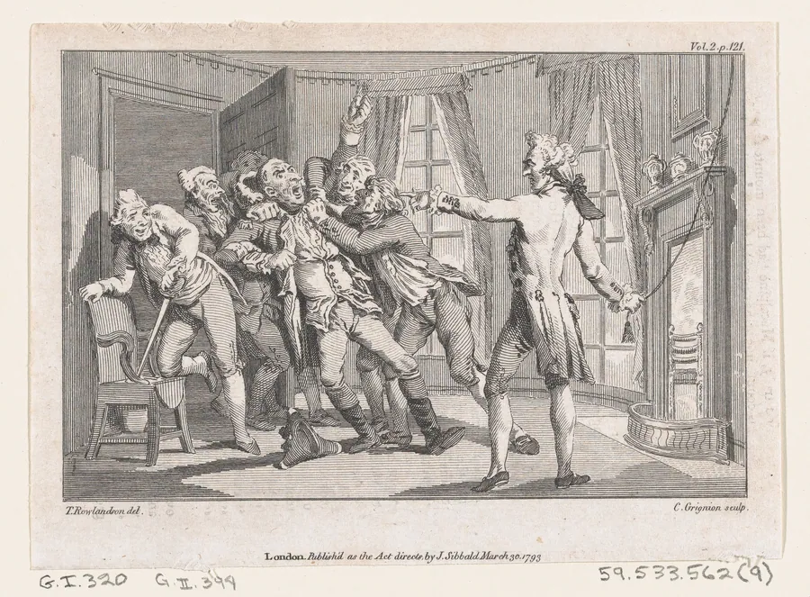 Lord Oxmington Repelling Lismahago's Challenge to Single Combat, an illustration from Tobias Smollett's "The Expedition of Humphry Clinker" (London, 1793), Vol. 1 by James Sibbald