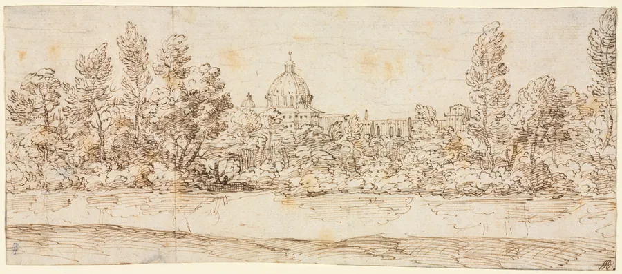 River Landscape with View of St. Peter's Basilica by Giovanni Francesco Grimaldi