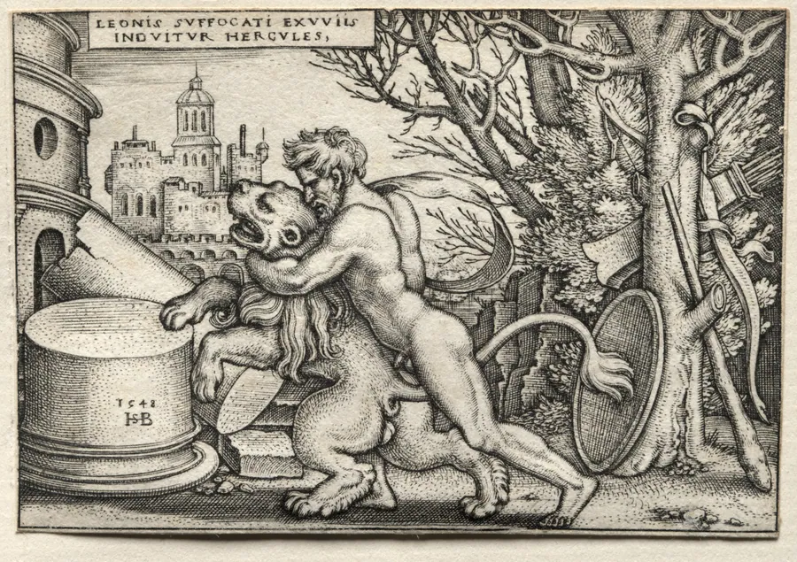 The Labors of Hercules:  Hercules Strangling the Nemean Lion by Hans Sebald Beham