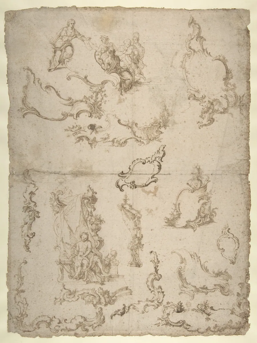Studies for Figural Groups and Ornament (recto); Design for a Baptismal Font (verso) by Anonymous, Italian, North Italy, 18th century