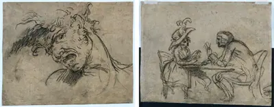 Head of a Screaming Man (recto); Woman and Man Playing Cards (verso)