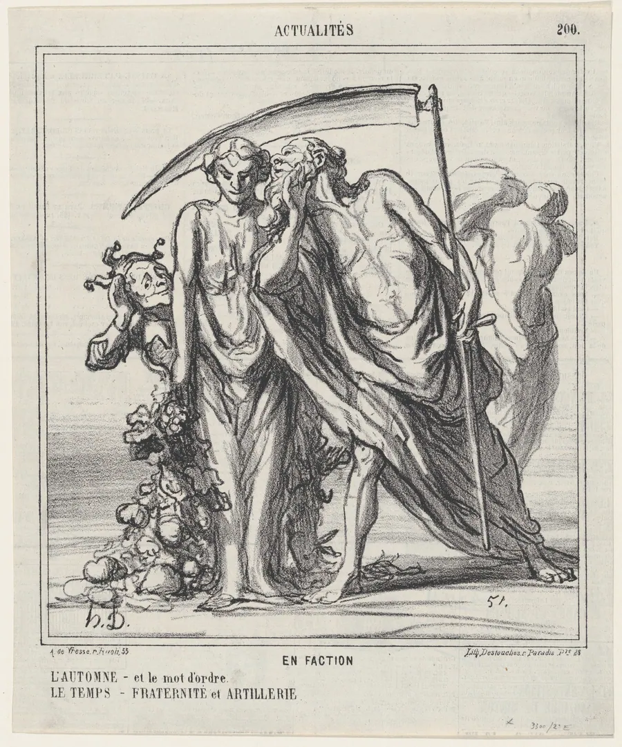 On Sentry Duty: Autumn –and the password? Time–Fraternity and artillery, from 'News of the day,' published in Le Charivari, September 30, 1867 by Arnaud de Vresse