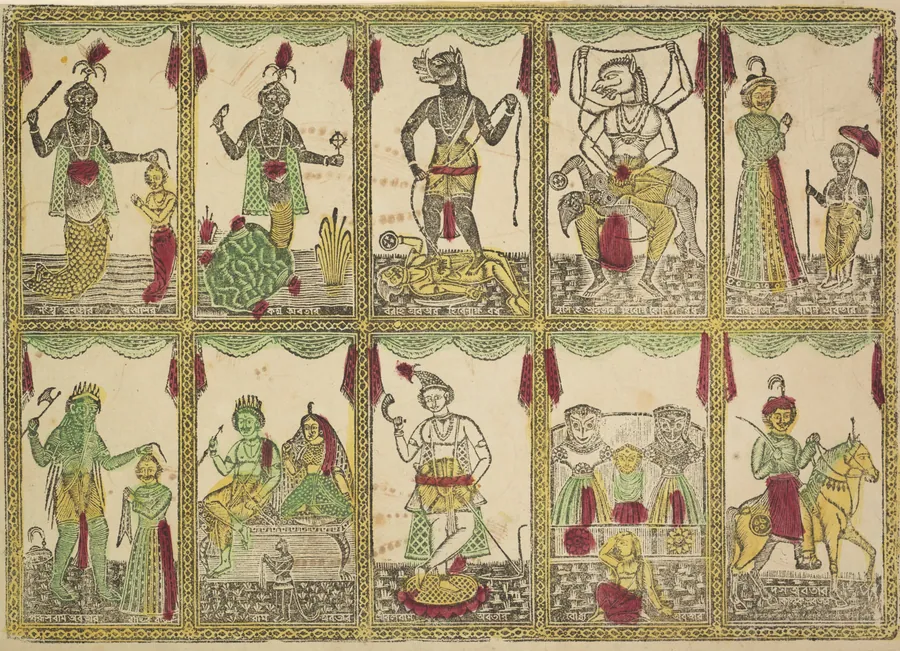 Das Avataras, Ten Incarnations of Vishnu (verso), from a Kalighat album by Shri Gobinda Chandra Roy
