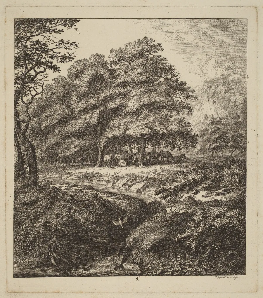Cattle Resting in a Grove with a Man Seated beside a Brook by Salomon Gessner