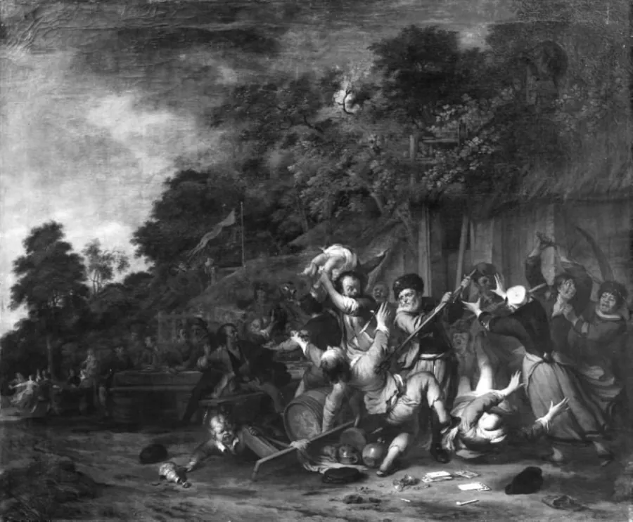 Bondeslagsmål ved et værtshus by Jacob Coeman