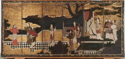 The Chinese Emperor Minghuang and his concubine Yang Guifei, with attendants on a terrace
