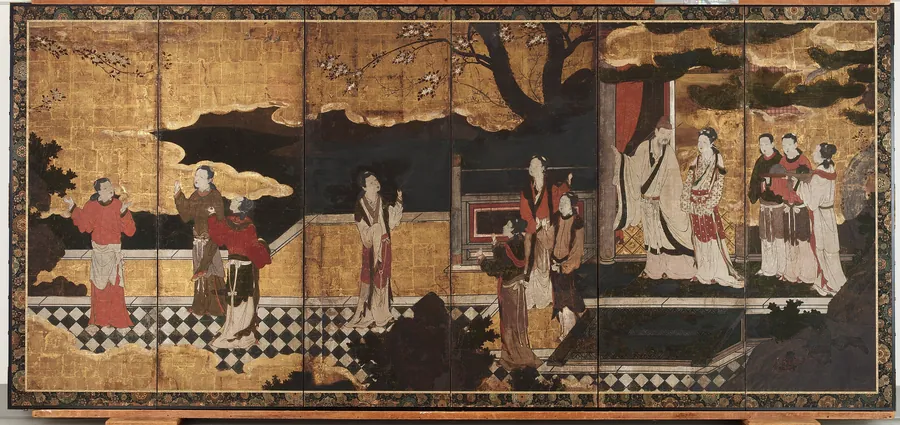 The Chinese Emperor Minghuang and his concubine Yang Guifei, with attendants on a terrace by Kano Eitoku 狩野永徳 (1543-1590)