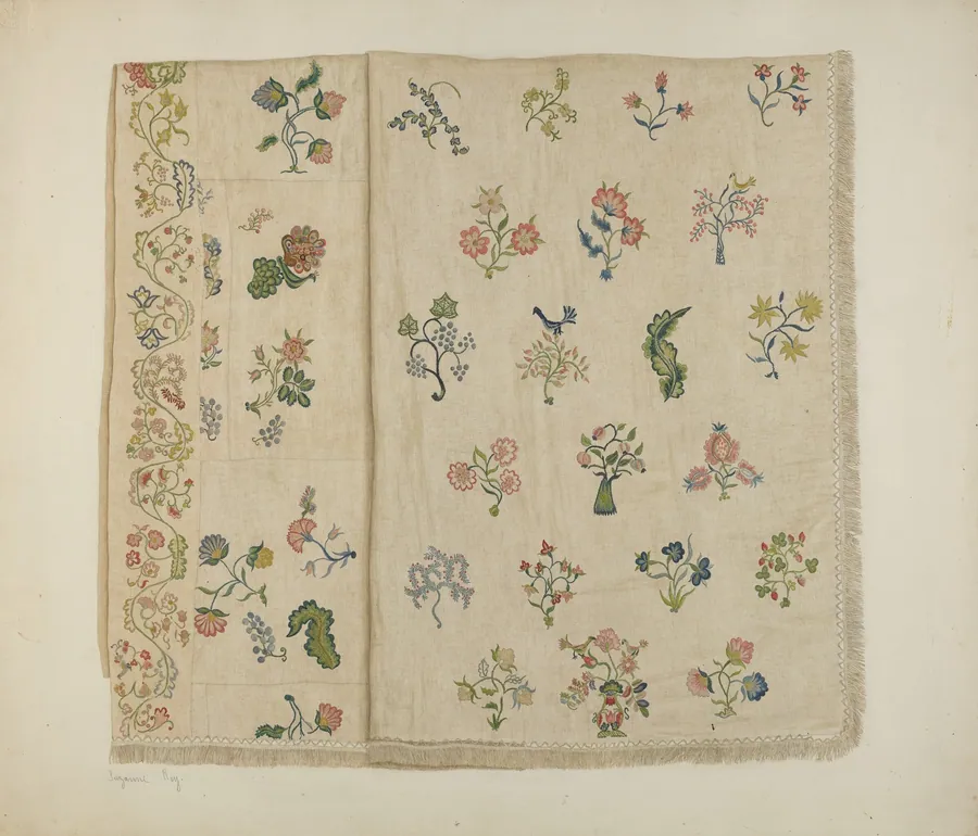 Crewel Embroidered Bedspread by Suzanne Roy