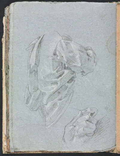 Verona Sketchbook: Drapery study with left hand (page 86)