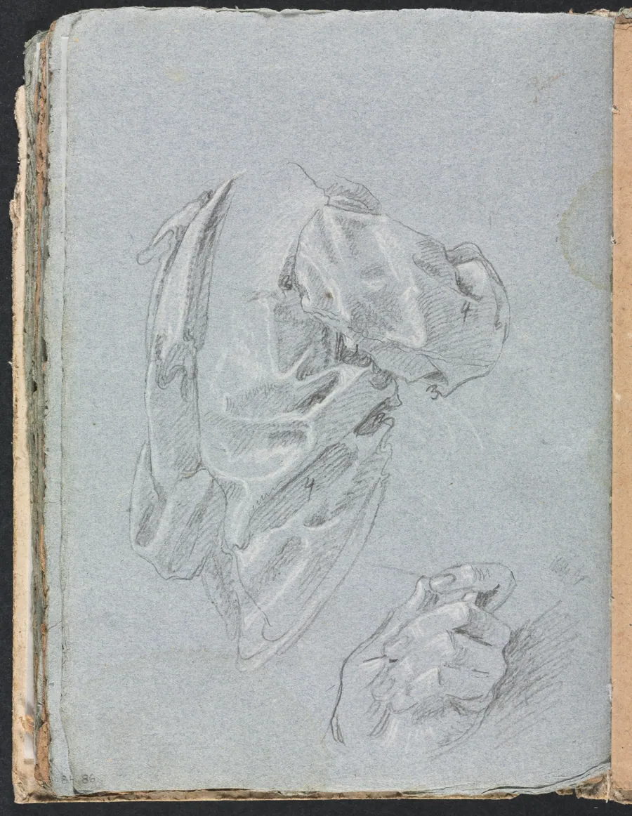 Verona Sketchbook: Drapery study with left hand (page 86) by Francesco Lorenzi
