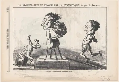 Horseback exercises not without hazards, from 'The regeneration of man through gymnastics,' published in Le Petit Journal pour Rire, November 4, 1865