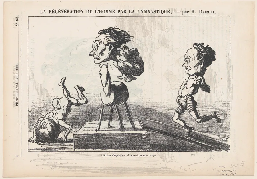 Horseback exercises not without hazards, from 'The regeneration of man through gymnastics,' published in Le Petit Journal pour Rire, November 4, 1865 by Honoré Daumier