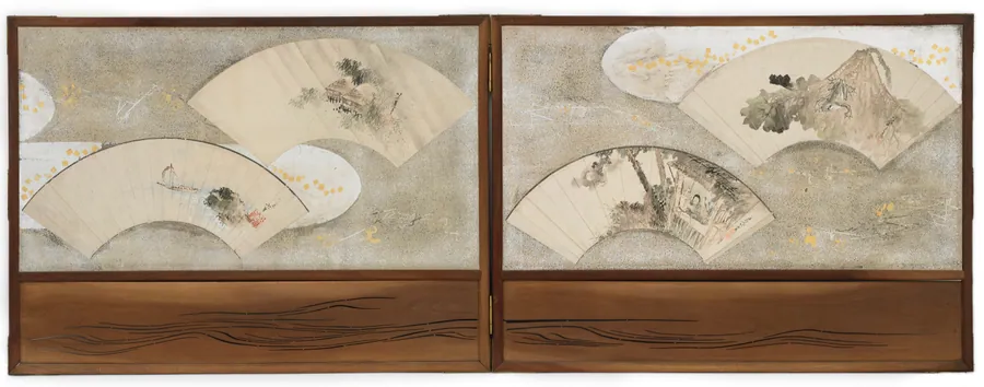 Four fan paintings mounted on a screen; "Frog on Lotus Leaf", "Scholar in a House", "Landscape", and "Boat and Rock" by Katsushika Hokusai 葛飾北斎 (1760-1849)