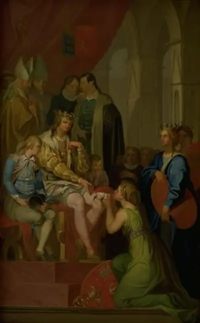 Christian I ophøjer Holsten til hertugdømme 1460. Allegori