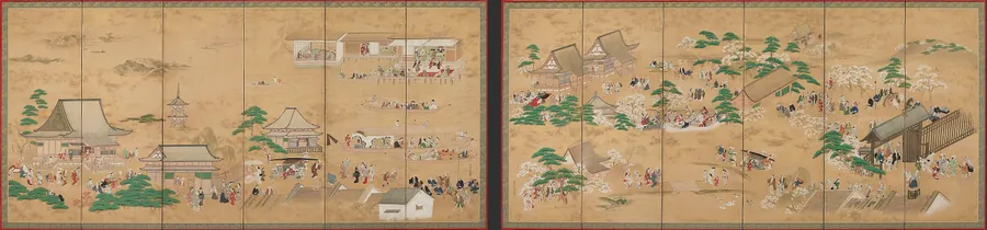 Autumn at Asakusa; Viewing cherry blossoms at Ueno Park by Hishikawa Moronobu 菱川師宣 (1618-1694)