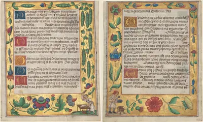 Leaf from a Psalter and Prayerbook: Ornamental Border with Pea Vines and a Girl Kneading Bread (recto) and Ornamental Boarder with Carnations, a Thistle, and a Cook Ladling Soup (verso) (1 of 3 Excised Leaves)