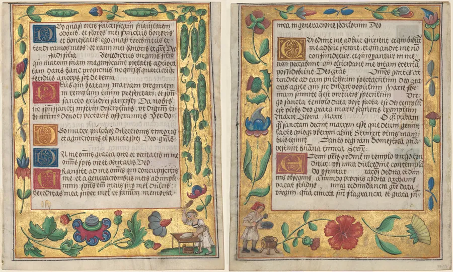 Leaf from a Psalter and Prayerbook: Ornamental Border with Pea Vines and a Girl Kneading Bread (recto) and Ornamental Boarder with Carnations, a Thistle, and a Cook Ladling Soup (verso) (1 of 3 Excised Leaves)