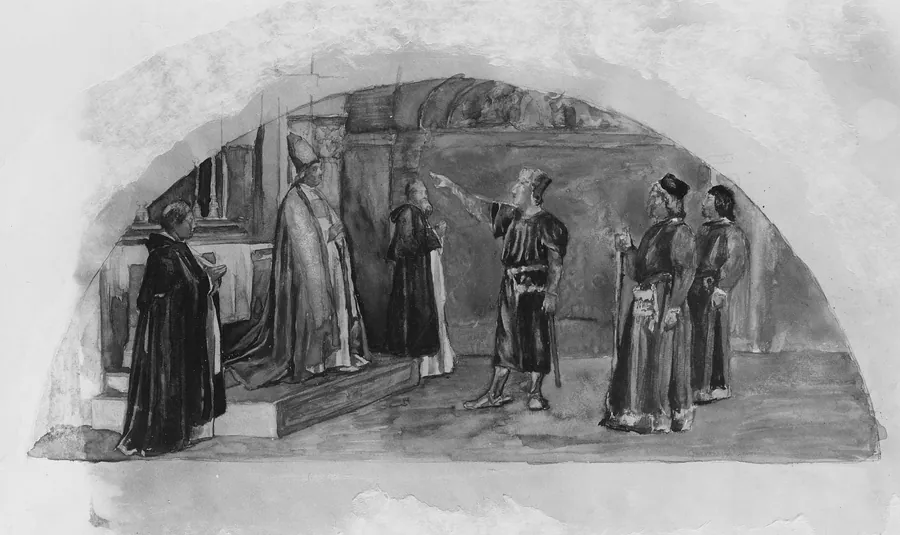 The Adjustment of Conflicting Interests: Count Raymond of Toulouse Swears at the Altar to Observe the Liberties of the City;ì Color Study for Mural, Supreme Court Room, Minnesota State Capitol,ì Saint Paul by John La Farge