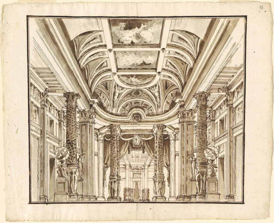 Fantasy of a Great Hall with Basketweave Columns by Pietro Gonzaga