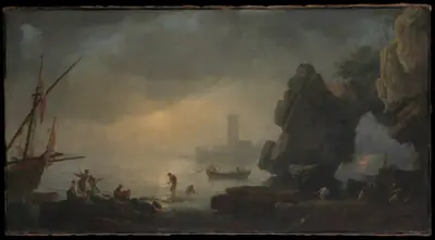 Harbor Scene with a Grotto and Fishermen Hauling in Nets