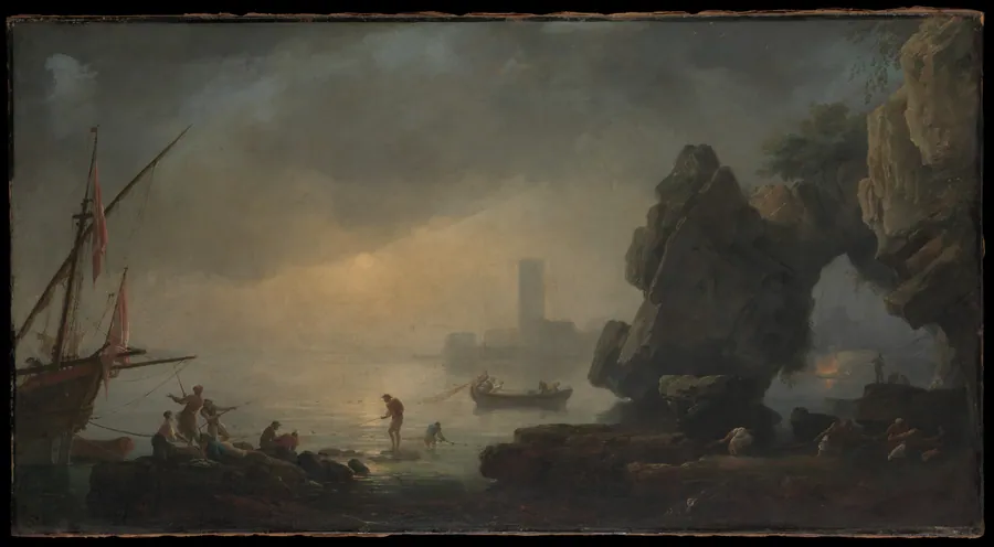 Harbor Scene with a Grotto and Fishermen Hauling in Nets by Joseph Vernet