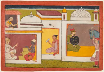 Madhava faces a man holding a scale, folio 1 from a Madhavanala-Kamakandala