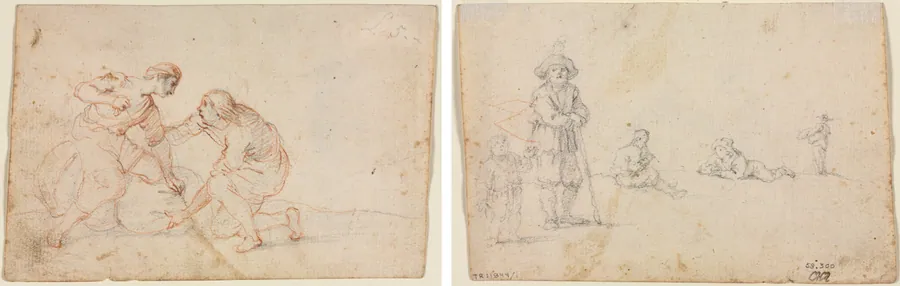 Two Men Tying a Bundle (recto) Five Figure Studies (verso) by Anonymous