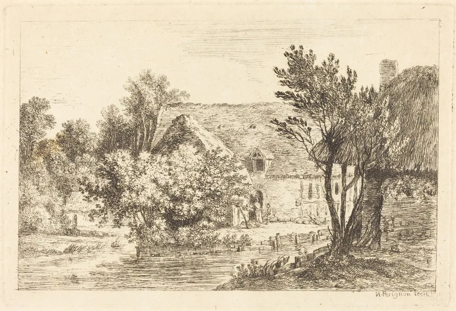 A House and a Shaded Cottage on the Banks of a River by Nicolas Pérignon