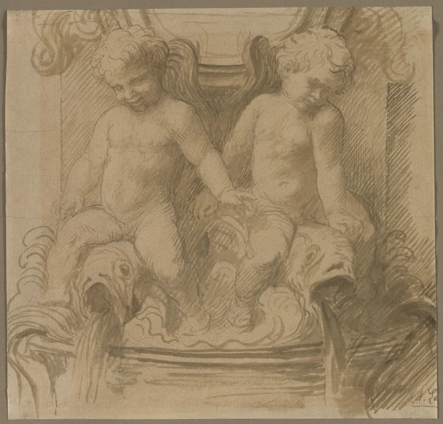 Fountain with Putti Riding Dolphins by Alphonse Legros