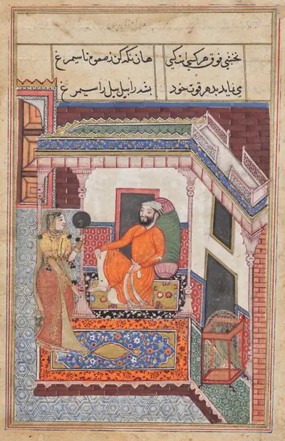 The parrot laughs on hearing the Raja of Ujjain’s wife admire her beauty in a mirror, from a Tuti-nama (Tales of a Parrot: Forty-sixth Night