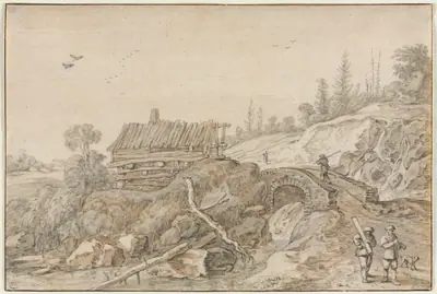Hilly Landscape with Hut Beside a Stream