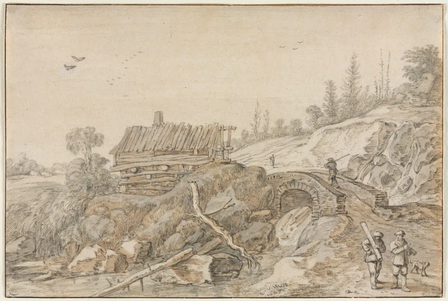 Hilly Landscape with Hut Beside a Stream by Esaias van de Velde