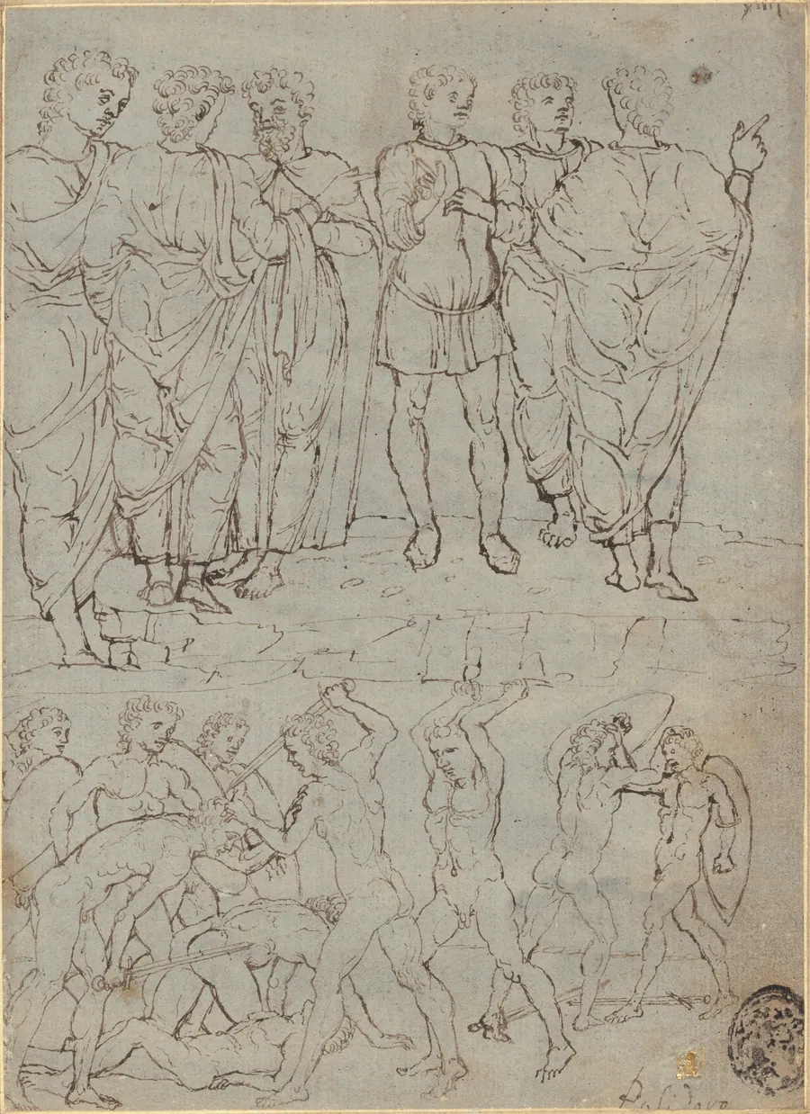 Six Conversing Men and Ten Battling Nudes by Anonymous Artist