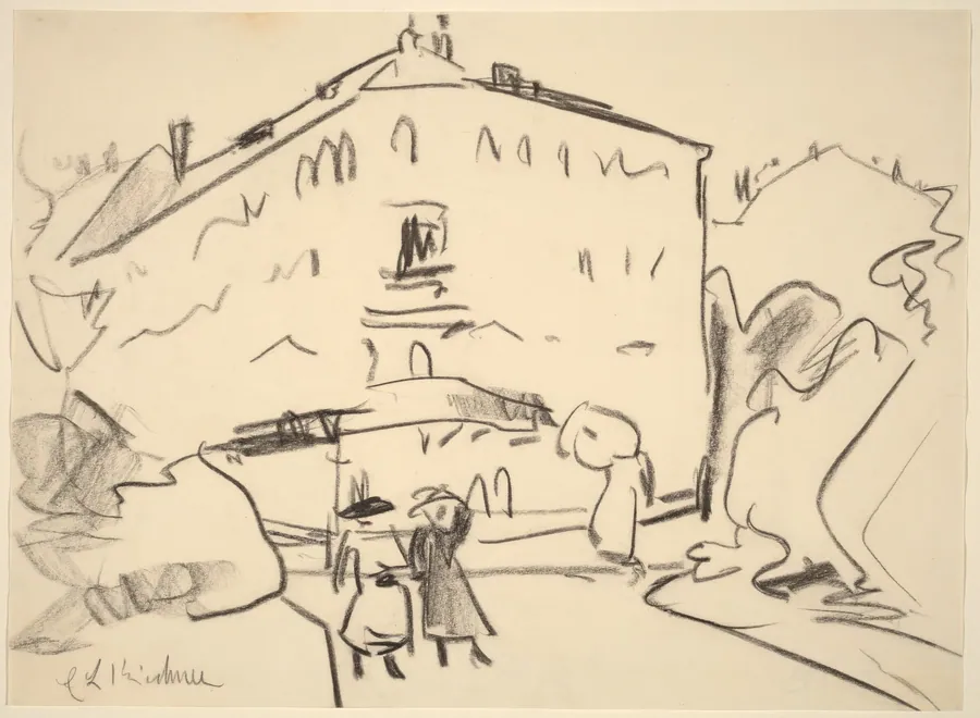 Houses in Dresden with People Strolling by Ernst Ludwig Kirchner