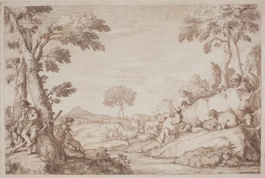 A Pastoral Journey with a Boy Playing His Flute by a Tree by Gaetano Zompini