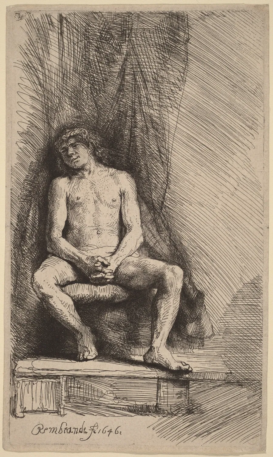 Nude Man Seated before a Curtain by Rembrandt van Rijn
