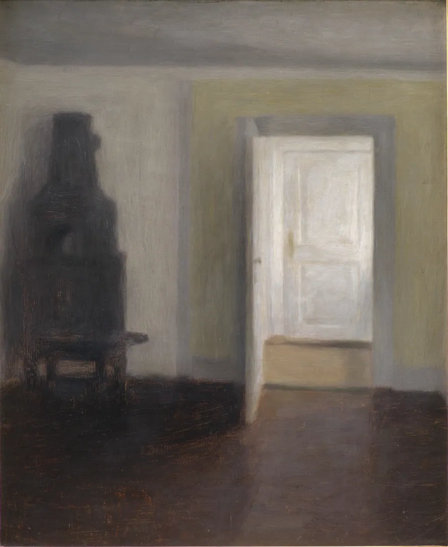 Interiør. Den gamle bilæggerovn. Albertines Lyst, Lyngby by Vilhelm Hammershøi