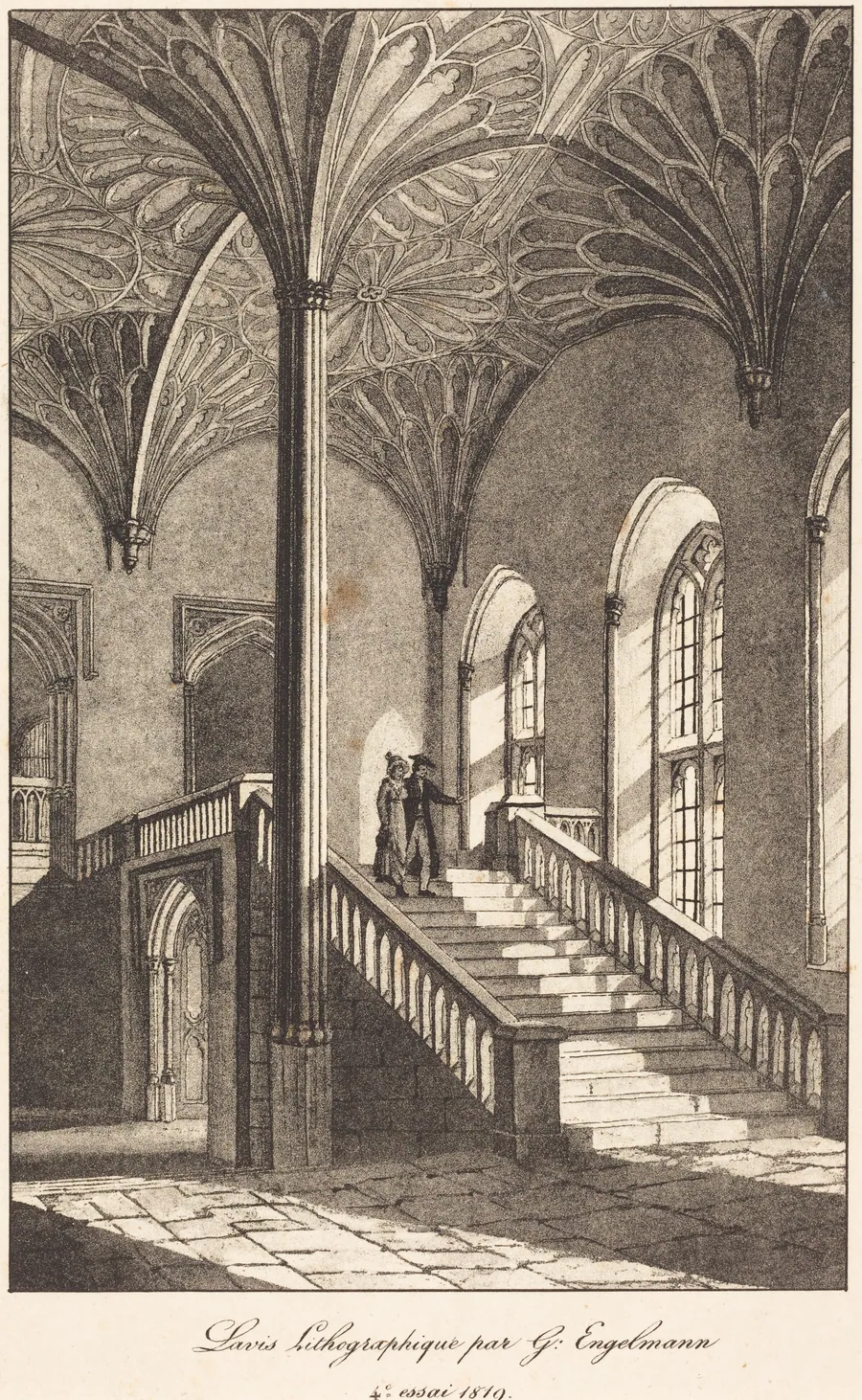 Man and Woman Descending Staircase by Gottfried Engelmann