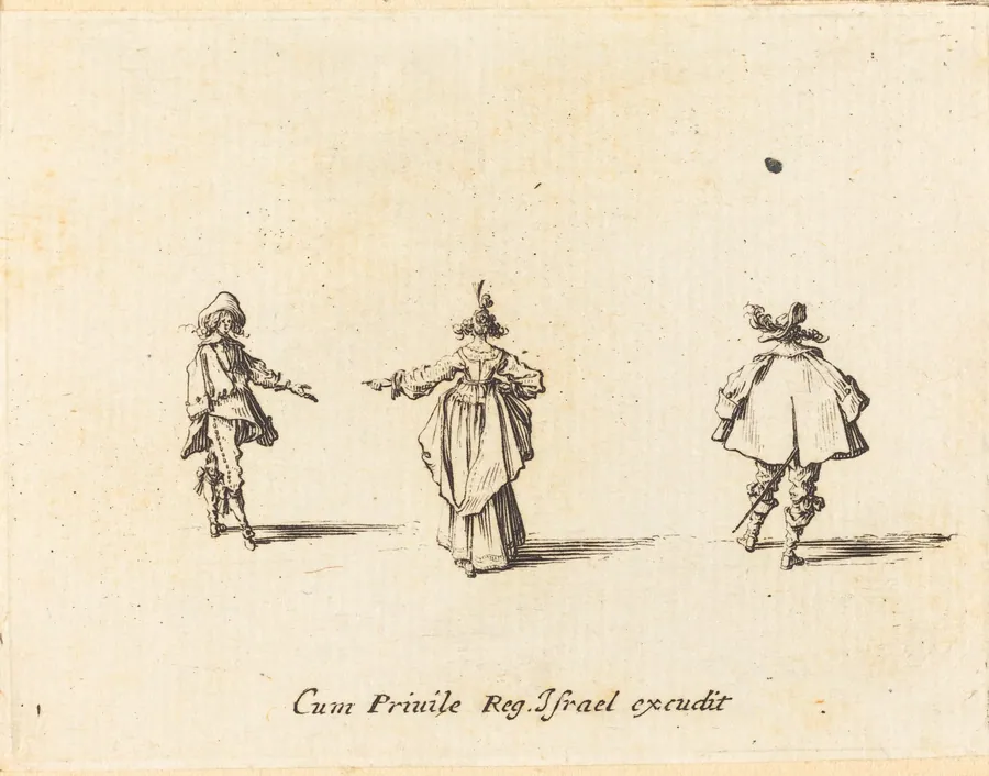 Lady with Outstretched Arm, Seen from Behind, and Two Gentlemen by Jacques Callot