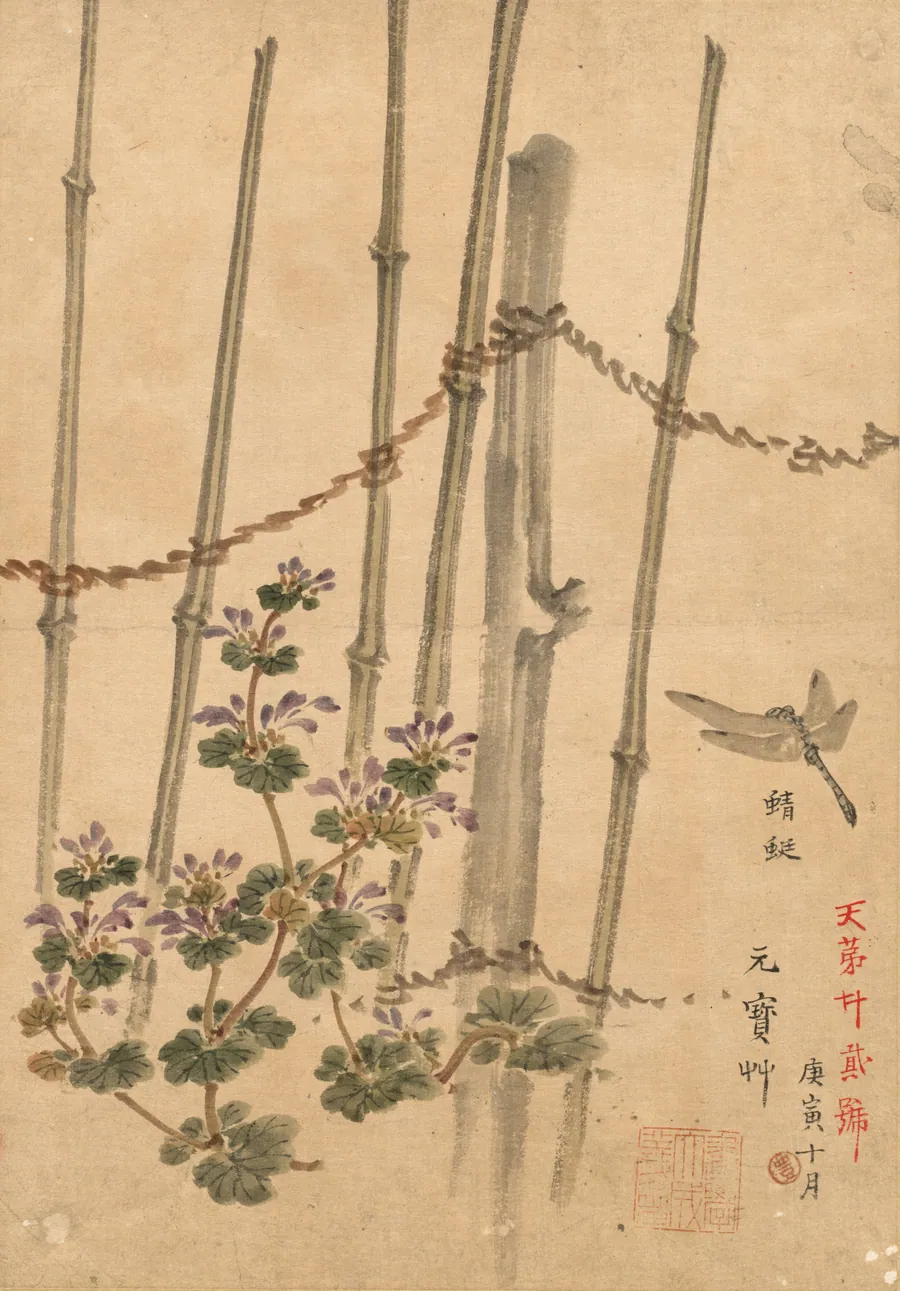 Bamboo Fence and Chrysanthemums by Kono Bairei