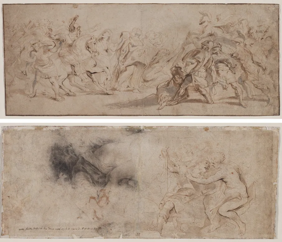 Reconciliation of the Romans and the Sabines (recto) Venus Disarming Mars, Drapery Study (verso) by Peter Paul Rubens