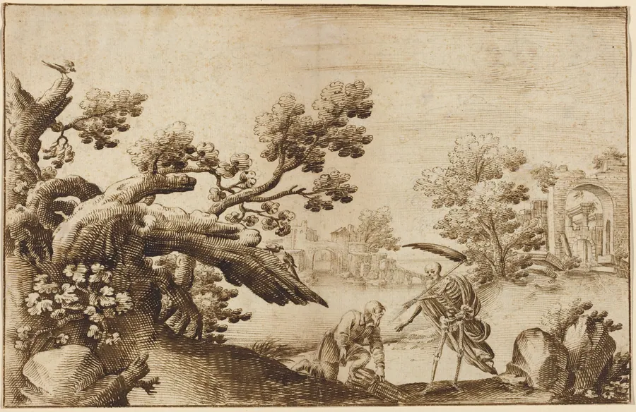 Death and the Woodman in a Coastal Landscape with Ruins by Ercole Bazicaluva