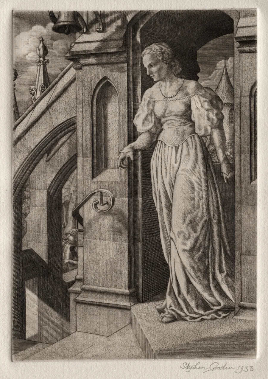 Illustration for "Peronnik the Fool":  Redemonde on the Staircase by Stephen Gooden