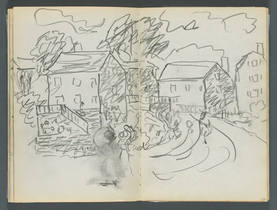 Sketchbook, The Dells, N° 127, page 102 & 103: Landscape with Houses and Road by Maurice Prendergast