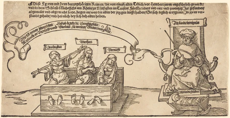 Justice, Truth and Reason in the Stocks with the Seated Judge and Sleeping Piety by Albrecht Dürer